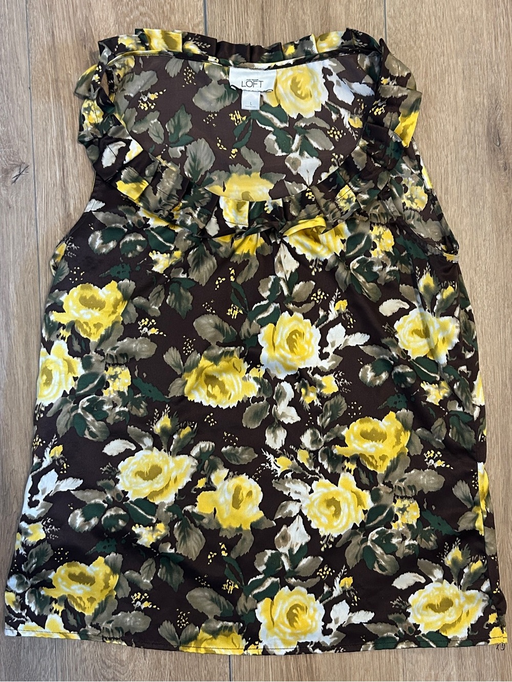 LOFT Brown Tank Top with Yellow Floral Ruffle Neck